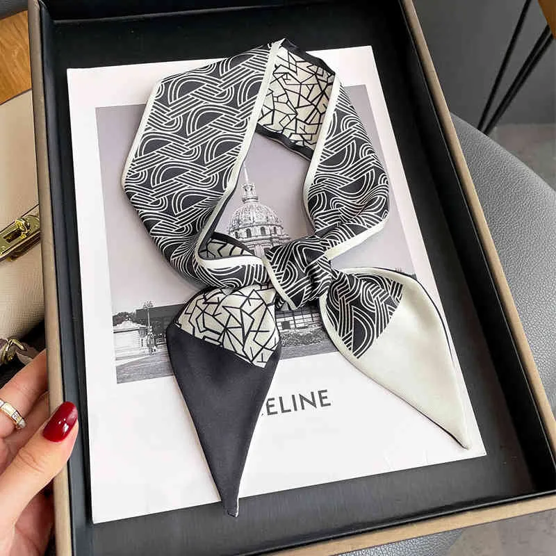 Seide Stirnband Schal Frauen Luxus Haar Handtasche Schreiben Foulard Krawatte Dünne Band Satin Schals Drucken Taschentuch
