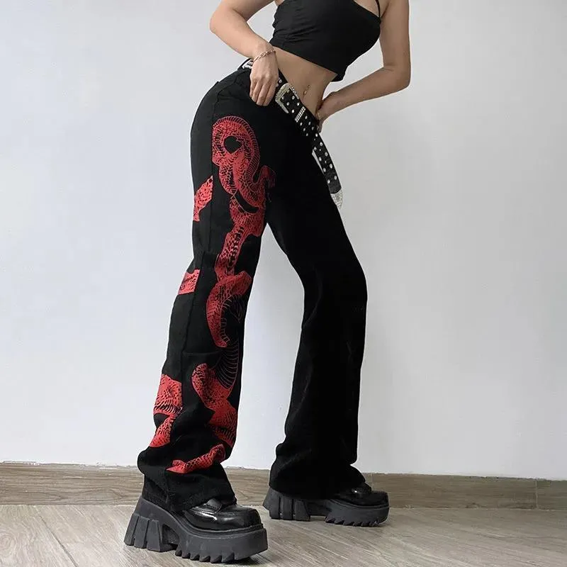 Snake Print Baggy Jeans Vrouw Hoge Taille Hip Hop Denim Broek Donker Academische Gothic Streetwear Korean Cargo Broek 90s Y2K 220402