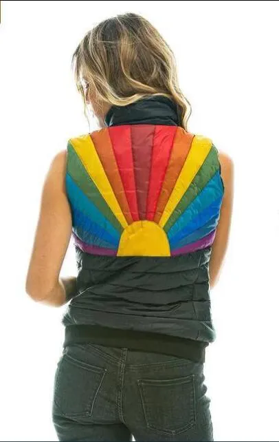 Women's Down Parkas Autumn Girl Rainbow Stripe Sleeveless Zipper Hooded Cotton Vest