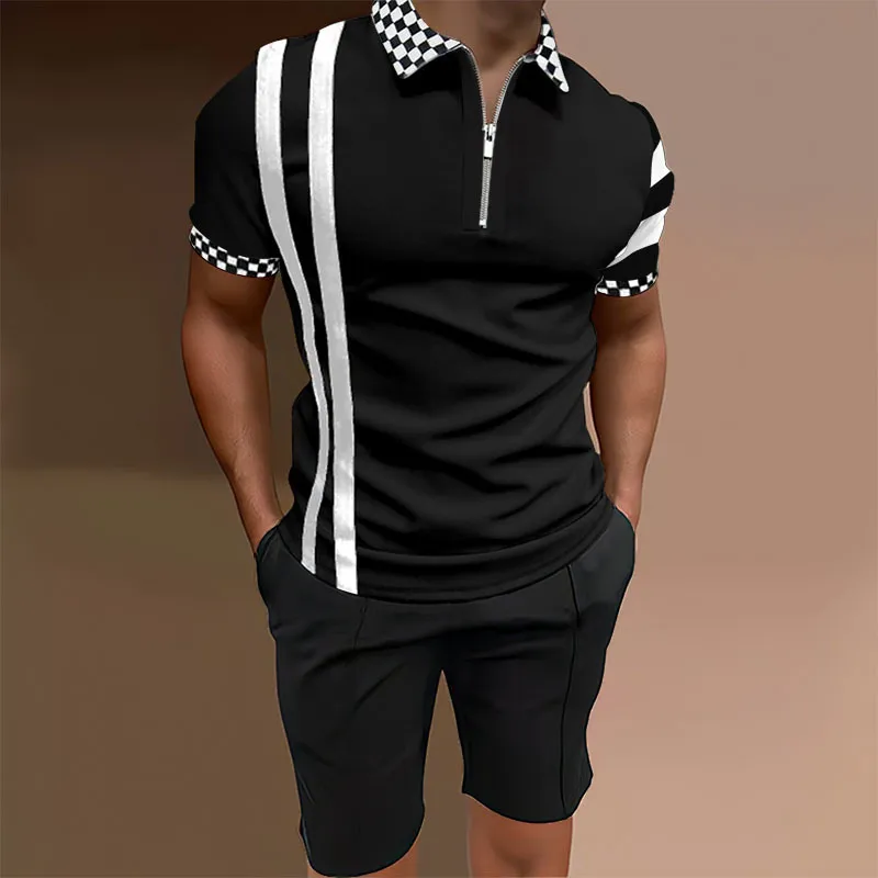 Mens Casual Shorts Set Patchwork D'été Survêtement De Mode Solide Couleur 2 Pièce Ensembles Hommes Zipper Polo Shirt À Manches Courtes Costume 220609