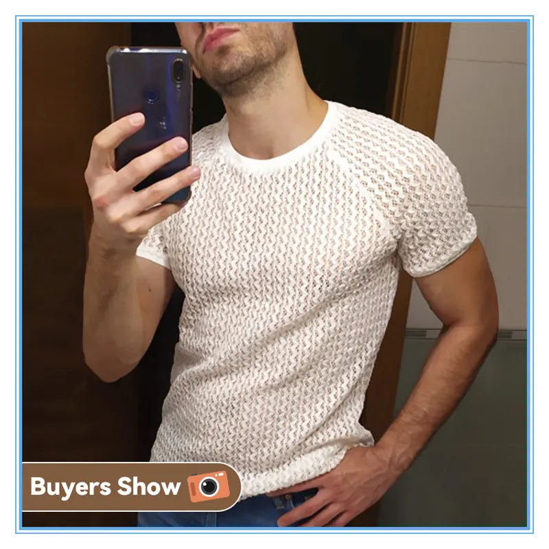 Men T Shirt Solid Color Hollow Out See Through Streetwear Short Sleeve O Neck Tops Vacation Casual Sexy Camisetas INCERUN 7 220526