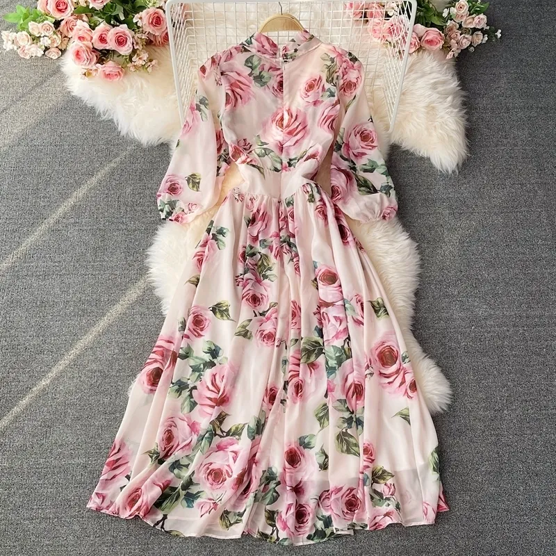 Aibeautier – robe pull courte en mousseline de soie, imprimé Floral, col en V, ligne A, taille haute, mi-mollet, pour femmes, été, 220517