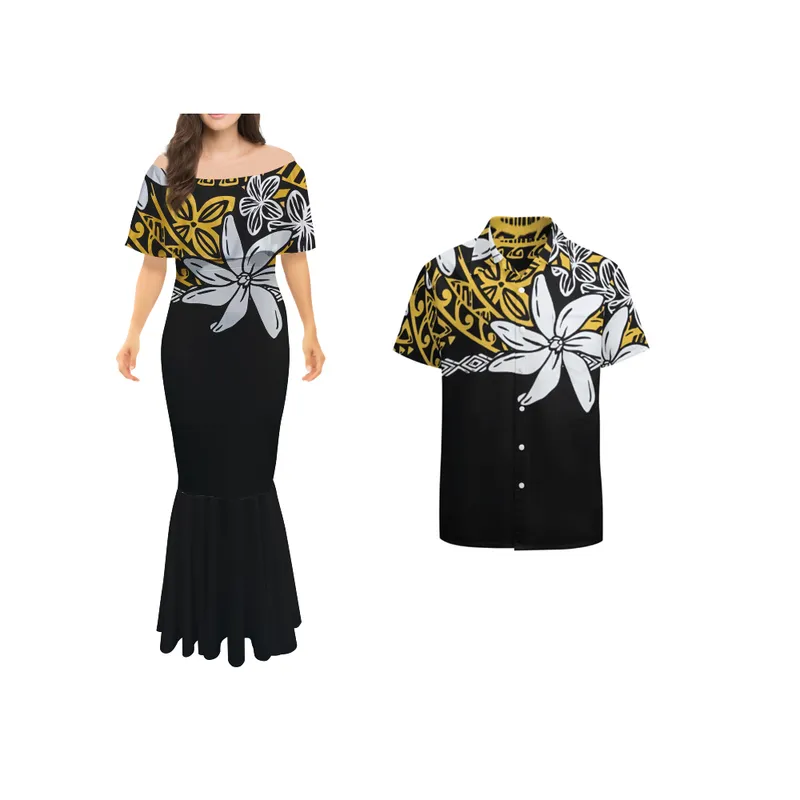 Off Shoulder Polynesian Tribal Print Women Bare Shoulders Dresses Mermaid Skirt Couples Match Clothing Men Shirts 220628