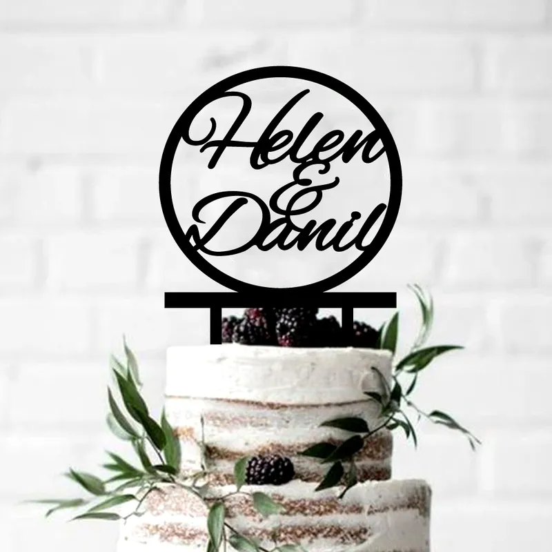 Décoration de gâteau en acrylique noire avec noms de mariés et de mariée personnalisés, décor de gâteau pour anniversaire de mariage, fiançailles, joyeux saint-valentin, 220618