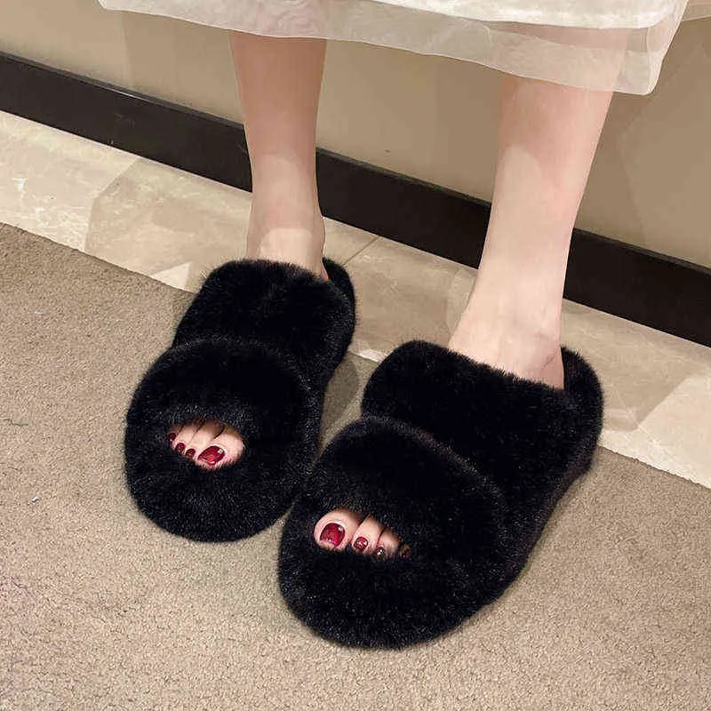 Femmes plate-forme épaisse pantoufles laine chaude diapositives intérieures chaussures d'hiver en peluche fourrure semelle épaisse talons hauts pantoufle ménage Mules 9837N G220816