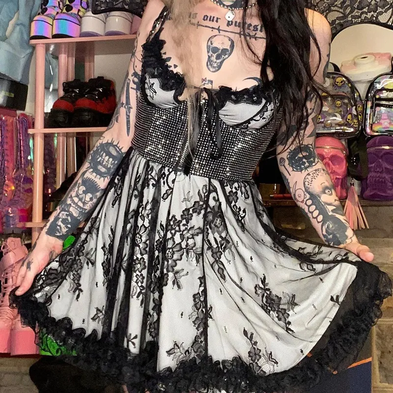 E girl Grunge Gothic Black Mini Dress Lace Trim High Waist Bodycon Y2K Women 90s Vintage Punk Harajuku Lolita Clothes 220521
