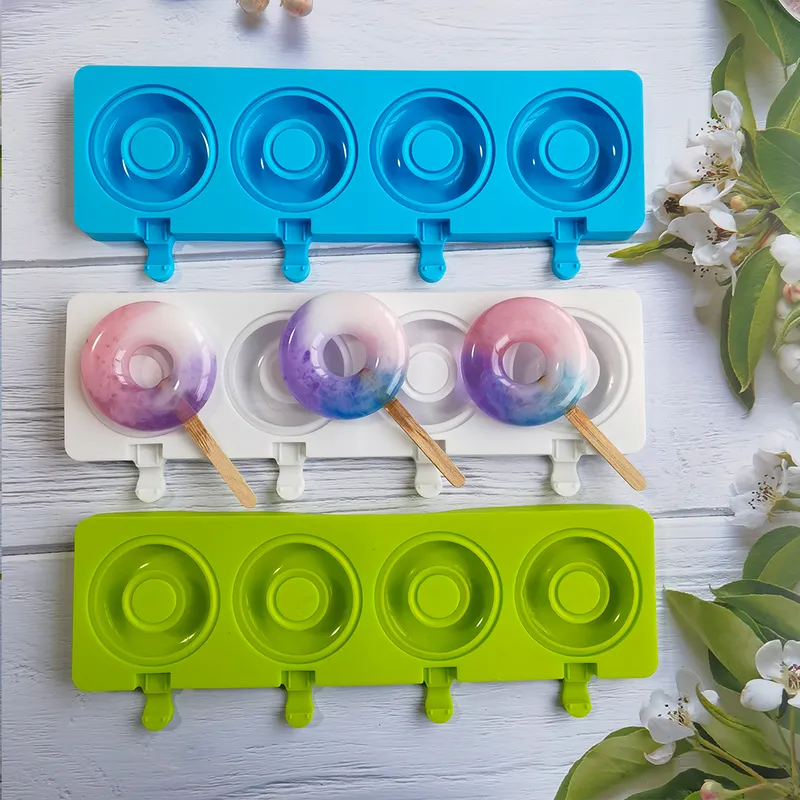 Donut Silicone Ice Cream Mold Homemade 4 Cavity Popsicle Mold Baking Tools Cake Candle Cube Pop Candy 220618