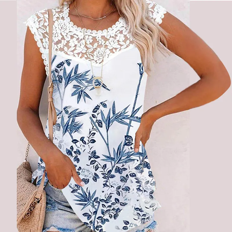 2022 Summer New Women Sleeveless Floral Printed Tank Top Casual Loose Temperament Sexy Lace O-Neck Patchwork T-Shirt Vest Female