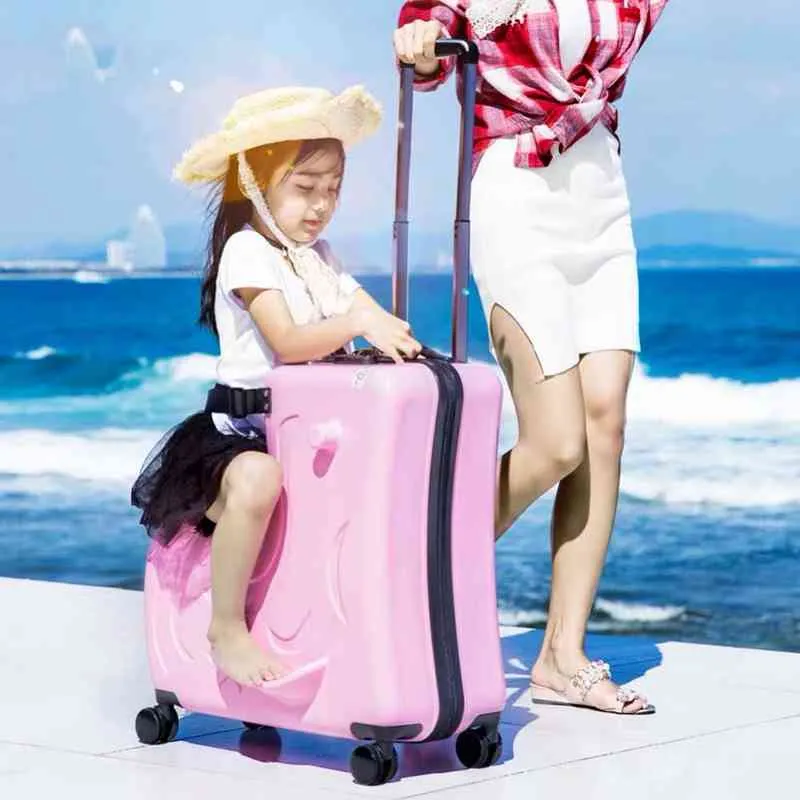 New Children Driving Trojan Luggage Hot Boys Girls Travel Trolley Alloy Sitting Rolling Suitcase Spinner Wheels J220708 J220708