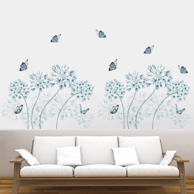 Fashion Flying Flying Butterfly Blue Dandelion Wall Stickers Fleurs Fleurs Paper peint Grand Vinyle 3D Sticker Wall Sticker Art Decal Living Room Decor