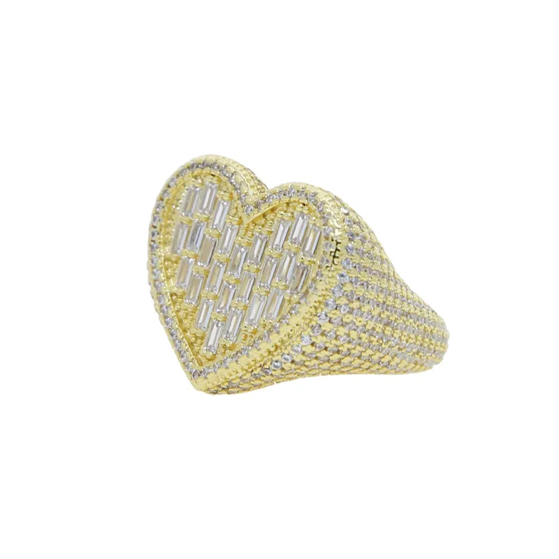 Grand anneau en forme de cœur entièrement pavé, Baguette blanche CZ glacé, Zircon cubique carré, bijoux d'amoureux de la mode pour femmes et hommes 271j