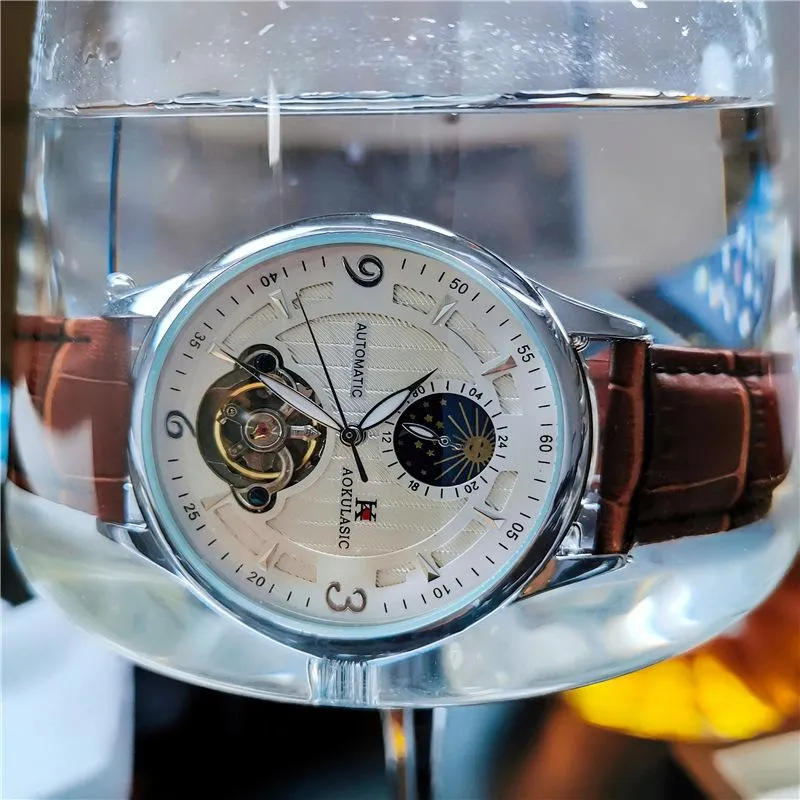Наручные часы, автоматические часы, мужские золотые водонепроницаемые механические наручные часы с фазой Луны, повседневные часы из натуральной кожи с турбийоном Montre332o