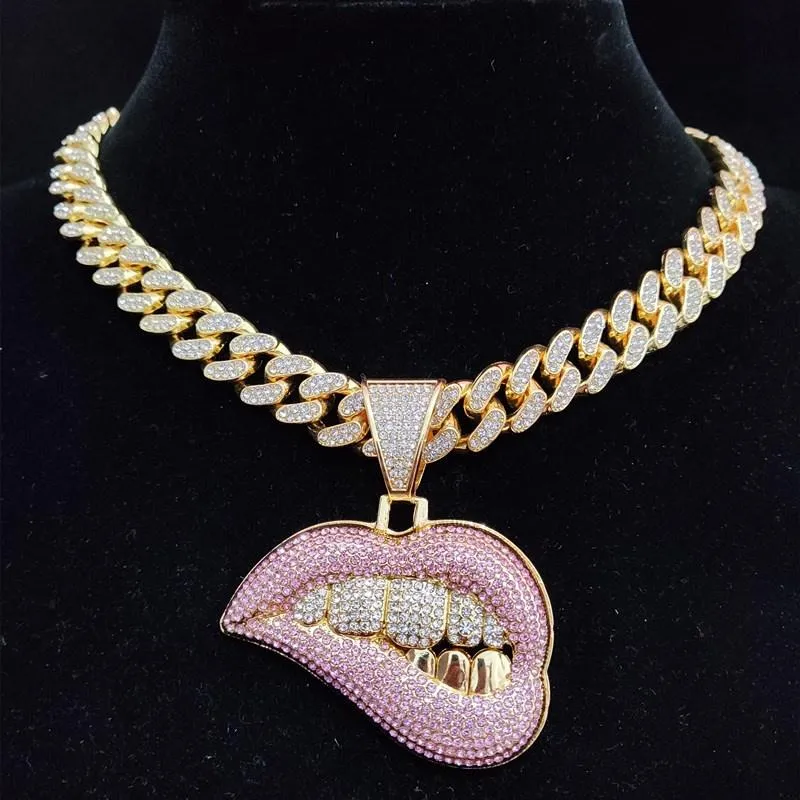Ожерелья с подвесками в стиле хип-хоп, ожерелье в форме укуса губы с 13-миллиметровым кристаллом, кубинская цепочка, Iced Out Bling, хип-хоп, модные украшения для мужчин, WoPe234w