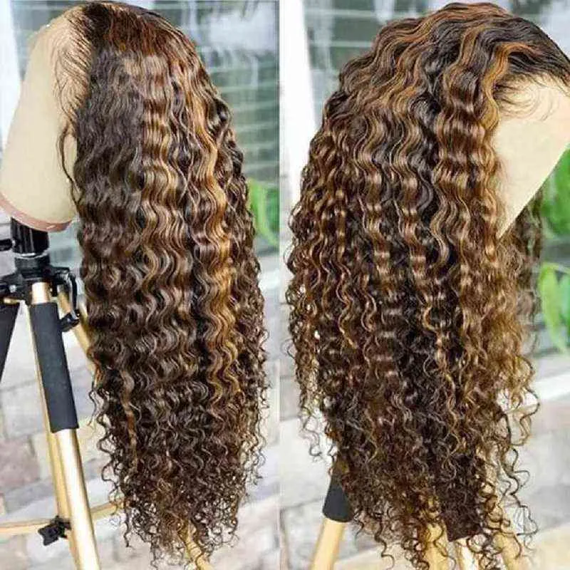 Watergolf hoogtepunt Ombre X X Lace Voorpruik krullen Human Hair Glueless frontale pruiken diep maagdelijk Braziliaanse sluiting 220606