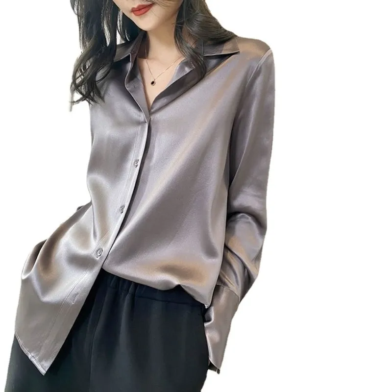DUOFAN bureau soie Satin chemises femmes nouveau printemps automne dames Simple Blouse hauts femmes vêtements coréen lâche gris chemise Blusas Mujer