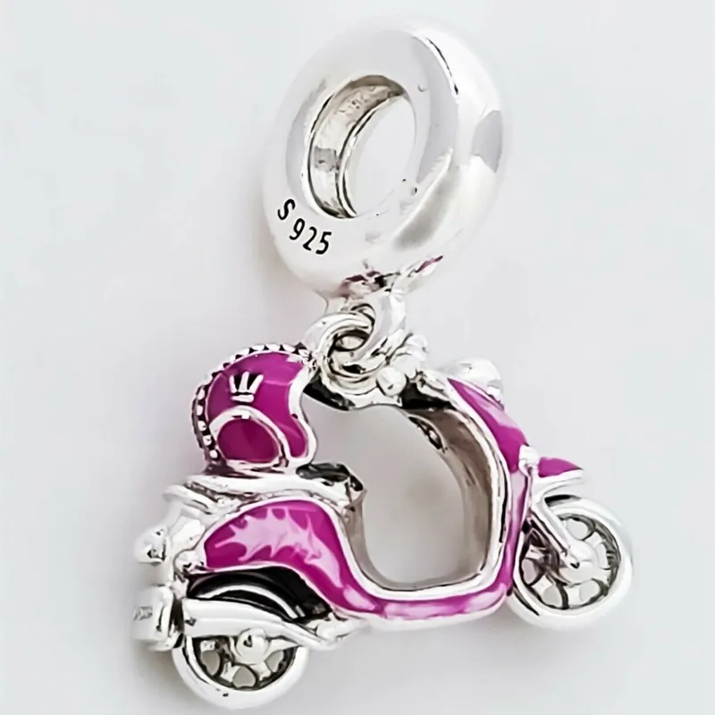 Pingente Scooter rosa 925 Prata Pandora Charms para pulseiras Faça você mesmo kits de fabricação de joias Contas soltas Prata Esmalte Transparente CZ 791057C01