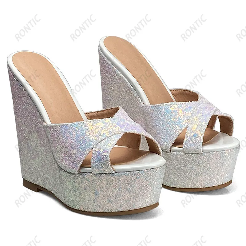 Rontic – Mules faites à la main pour femmes, sandales unisexes à talons compensés à paillettes, bout ouvert, magnifiques chaussures de fête argentées, taille américaine 5-20, nouvelle collection