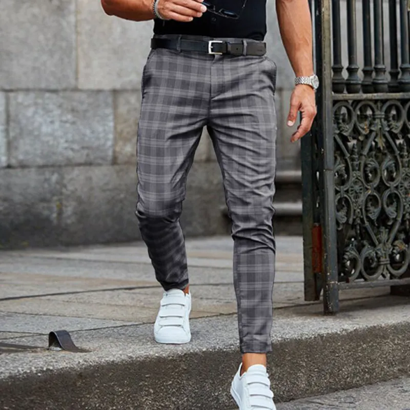 Men's Pants Spring Fashion Plaid Printed Pencil For Mens Vintage Mid Waist Button Trouser Male Summer Casual Long Pant Streetwear 220826