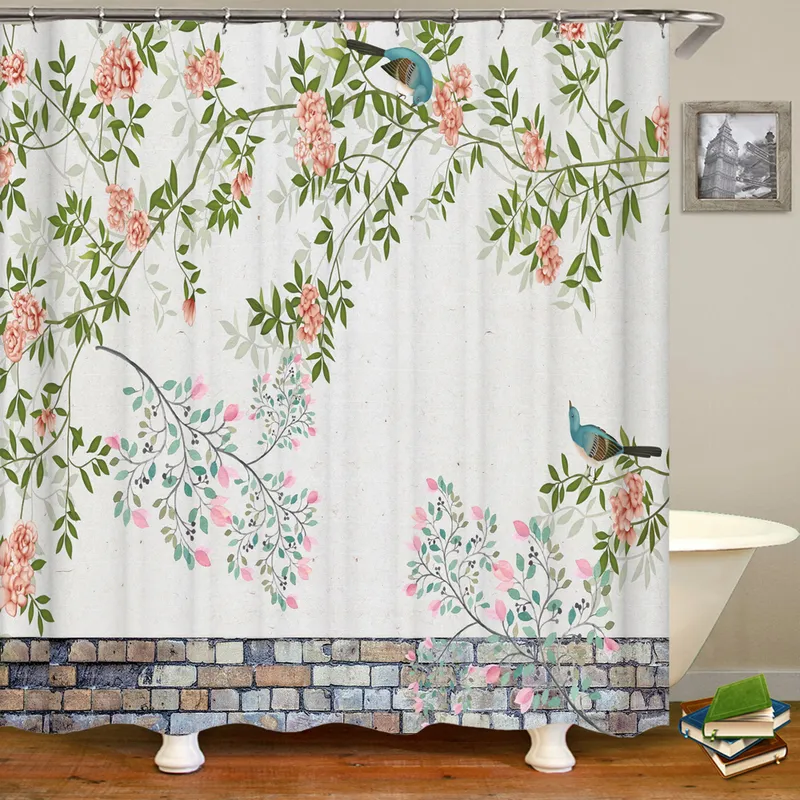 Chinese Birds Gradient Shower Curtains for Bathroom Landscape Plants Green Waterproof Fabric Polyester Bath Decor 180 x 180cm 220517