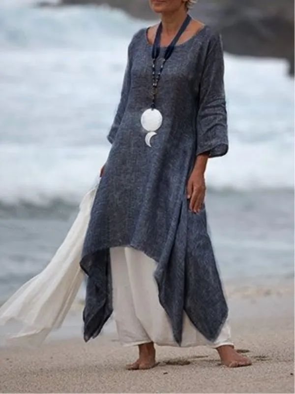 Kobiety moda nieregularna wypoczynek luźna lniana tunikowa koszulka pullover bluzka w lupgy tops okrągła szyja wygodna sukienka 220613