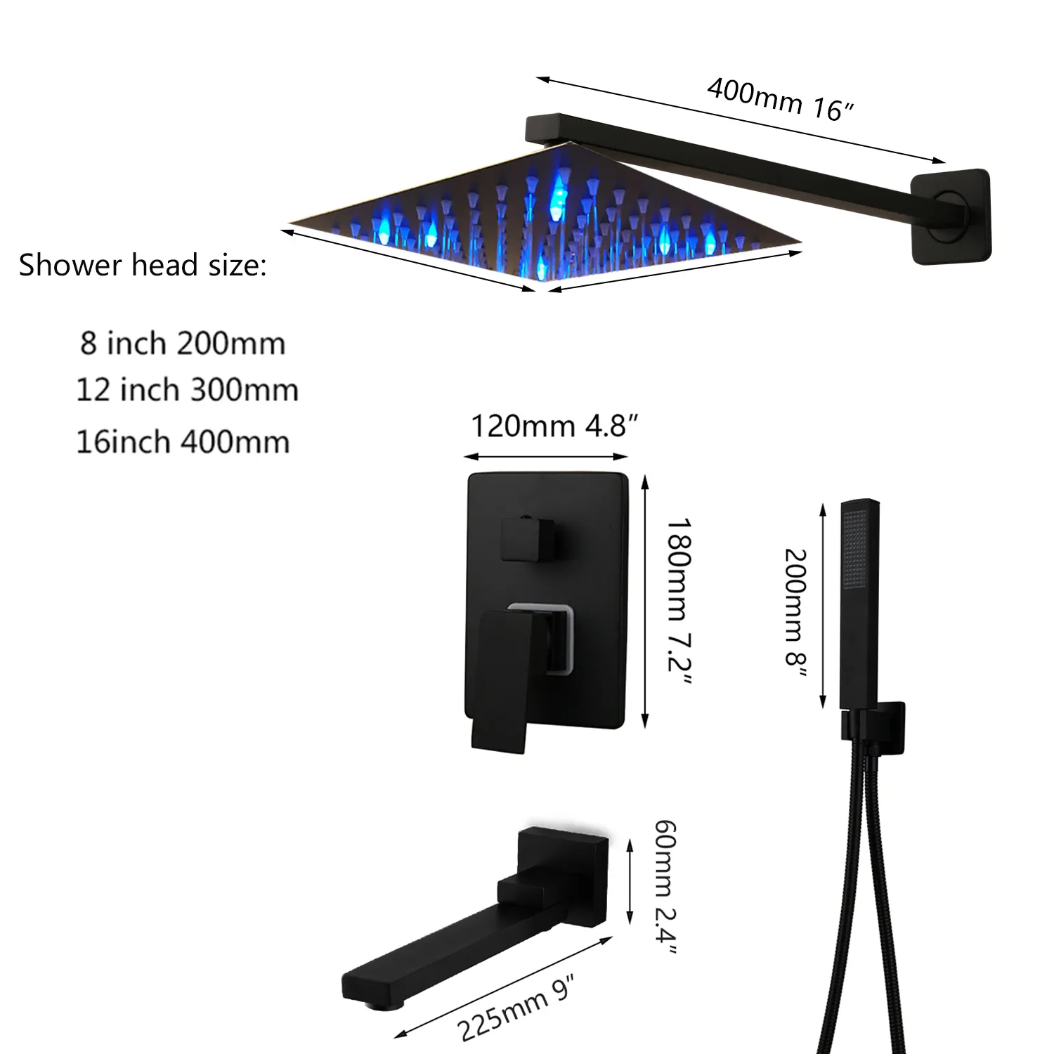 Salle de bain Noir Couleur de douche Faucet Set Kits Painfall Pain