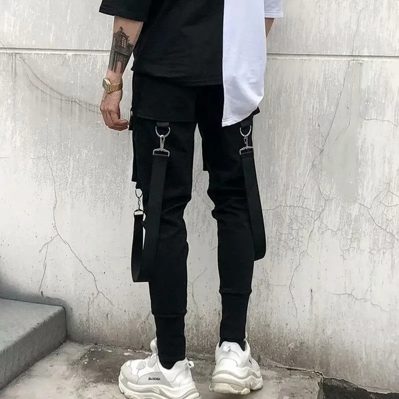 Модные брюки с подъемами мужчина уличная одежда лента лента харадзюку черный груз для повседневной технической одежды бегает в Японии Kpop Мужские брюки 220719
