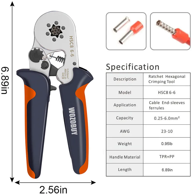 Hexagonal Ferrule Crimp Tool Wire Crimping HSC8 6-6 Self-adjustable Ratcheting Crimper for AWG23-100.25-6.0mm 220428