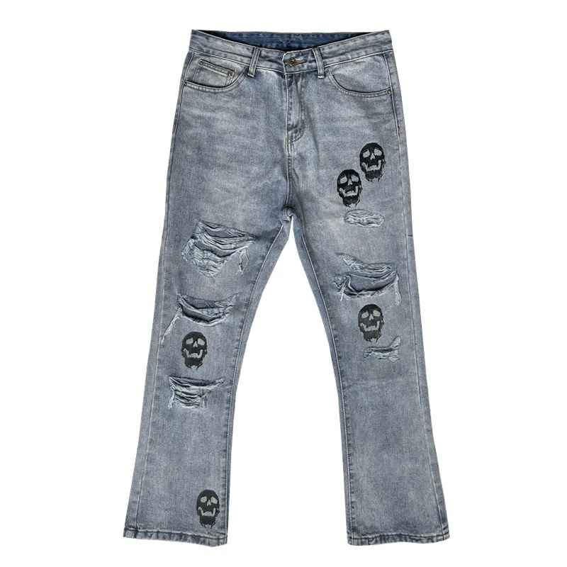 Fashion Skull Printed Denim Jeans Mens Destored Holes Zipper Flare Hip Hop Streetwear Summer Casual Joggers Byxor 220328