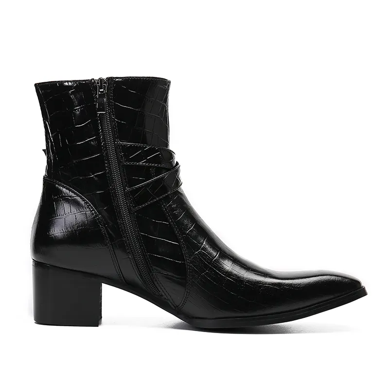 Stivali da uomo neri con tacchi alti autunnali Fibbia cintura doppia a punta Modello in vera pelle Catwalk Luxury Social contact Martin Boots