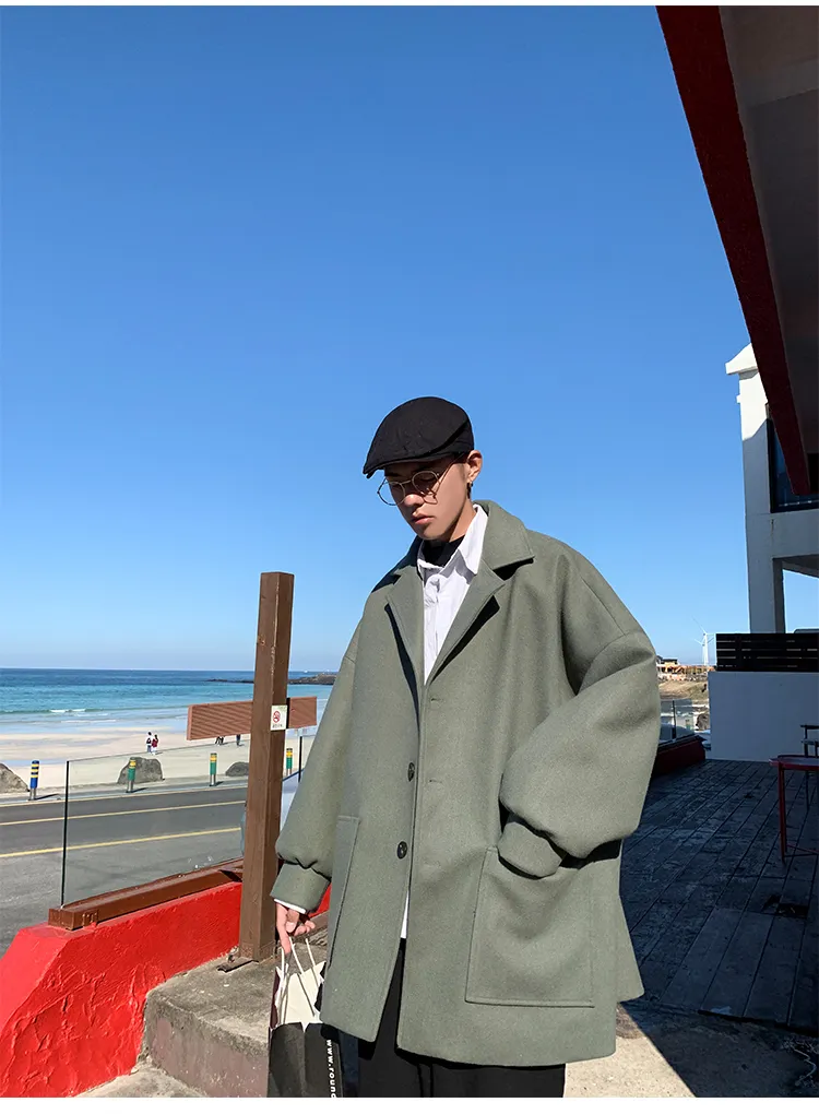 الرجال الكورية أزياء الصوف الخندق معطف معطف كبير الحجم رجل الشارع الشارع الشهير اليابانية المتناثرة الكاكي الشتاء جاكيتات معاطف
