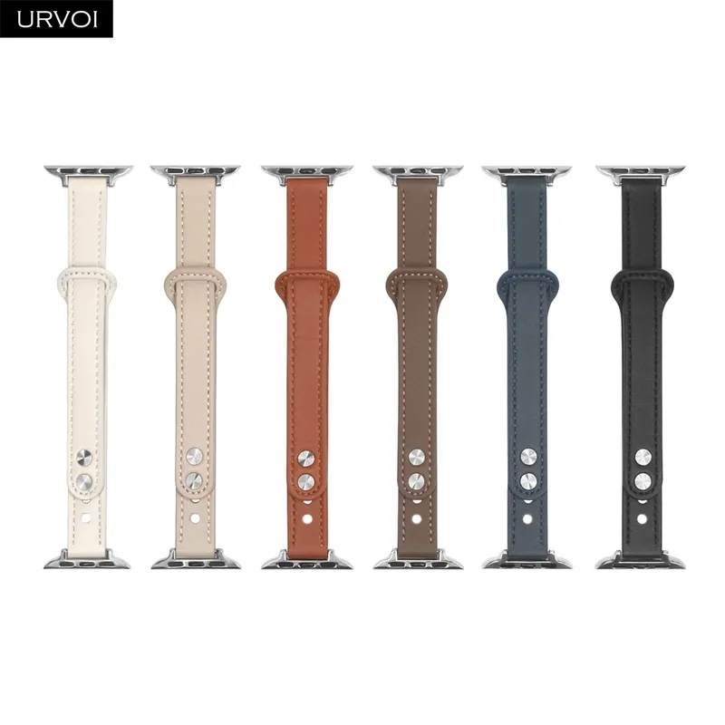 URVOI strap for Apple Watch series 7 6 SE 5 4 3 Sport band slim genuine leather double pin buckle for iWatch modern design 40mm 220507