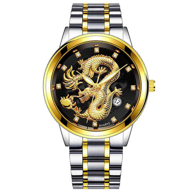 Montres de luxe pour hommes, de styliste, Dragon doré en relief, Non mécanique, en alliage de diamant, calendrier, montre à Quartz pour hommes