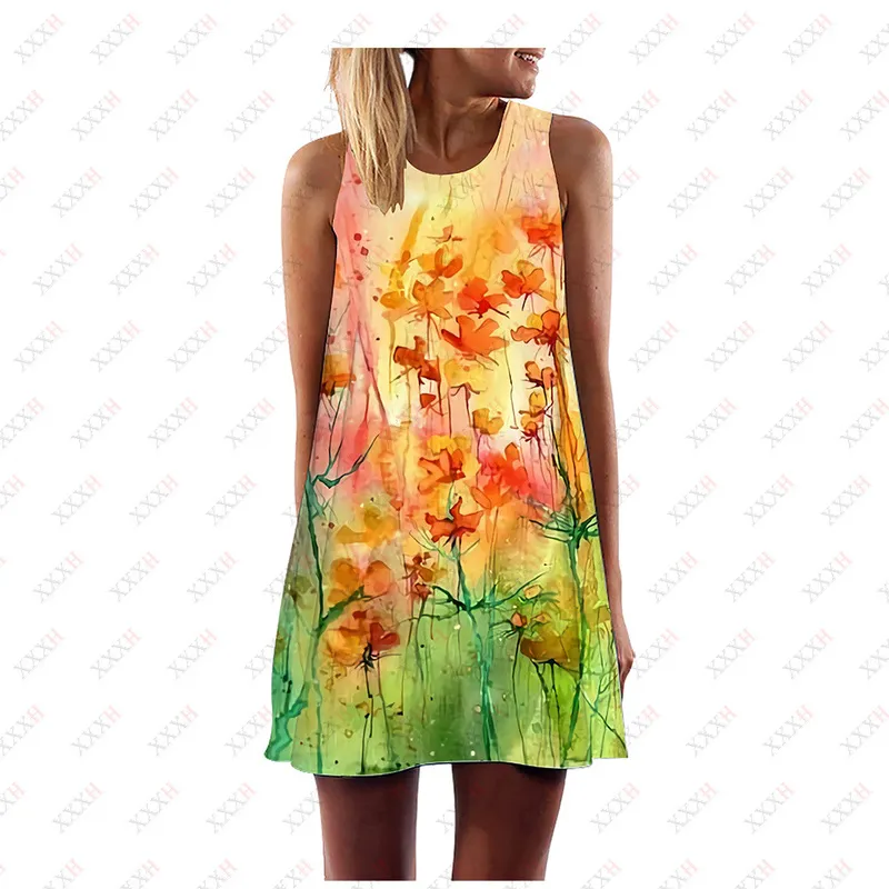 XXXH Vestido de flores Suelto Sin mangas Estampado 3D Casual Verano Una línea Vestidos de mujer Patrón Minifalda delgada 220713