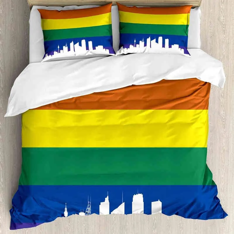 Set copripiumino Pride Persone che celebrano la Giornata internazionale della comunità LGBT con biancheria da letto dal design a righe colorate adulti