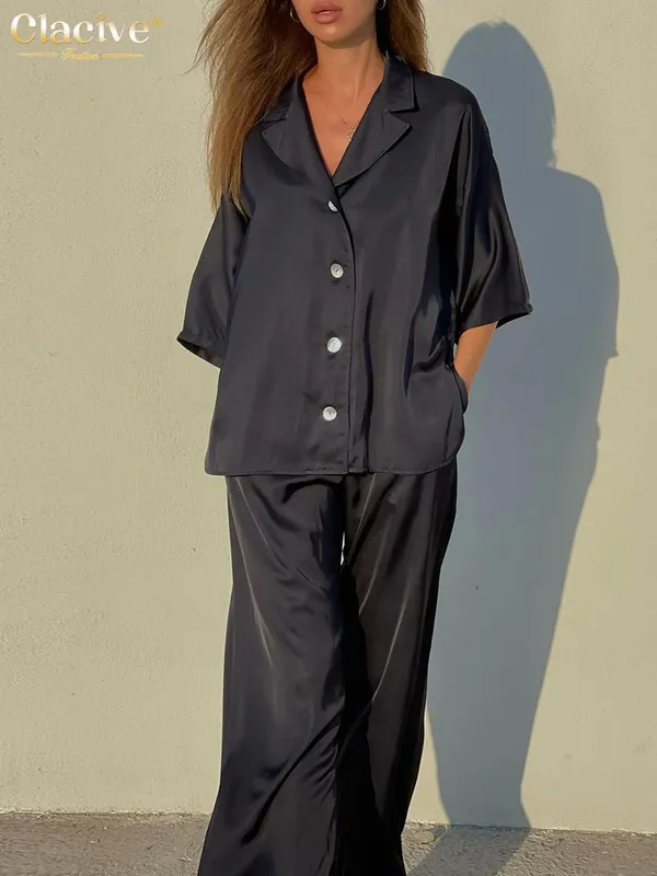 CLACive Casual Loose Black Satin Home Suit Women Summer Short Sleeve Shirts Two Piece Pants Set Elegant High Midist Trouser Suits 220511