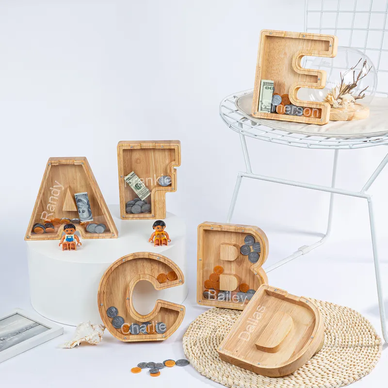 Personalized Wooden Piggy 26 Letter Elephant Dinosaur DIY Custom Name Jar Coin Storage Tank for Children Kids Money Bank 220711