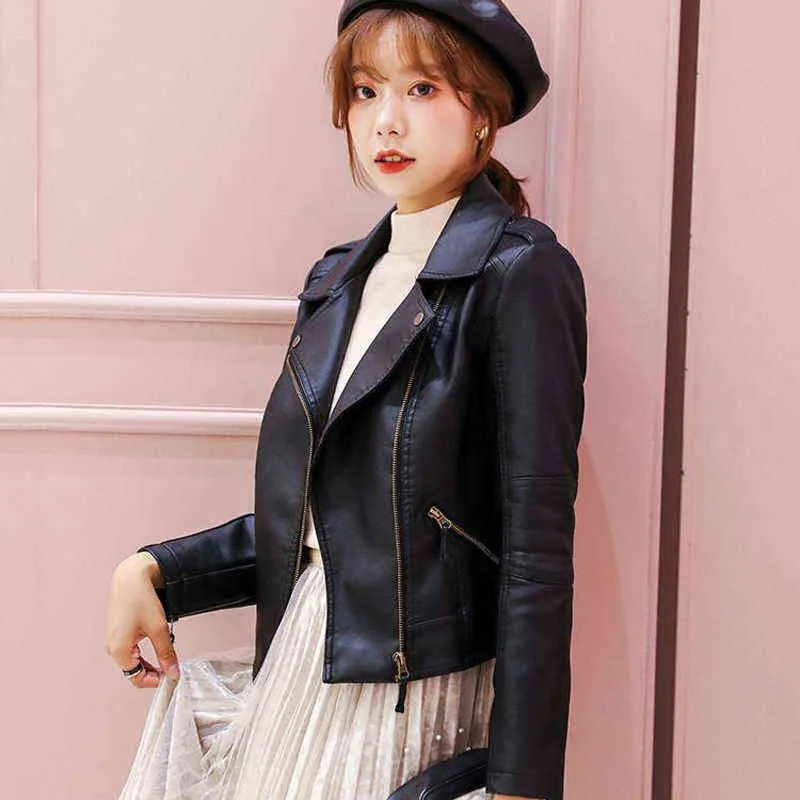 Turn-down Collar PU faux leather jackets women luxury jacket black pink biker coat L220801