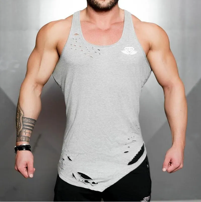 스포츠 및 피트니스 남성 레저 야외 찢어진면 둥근 목 조끼 여름 남성 달리기 훈련 옷 얇은 Tshirt 220614