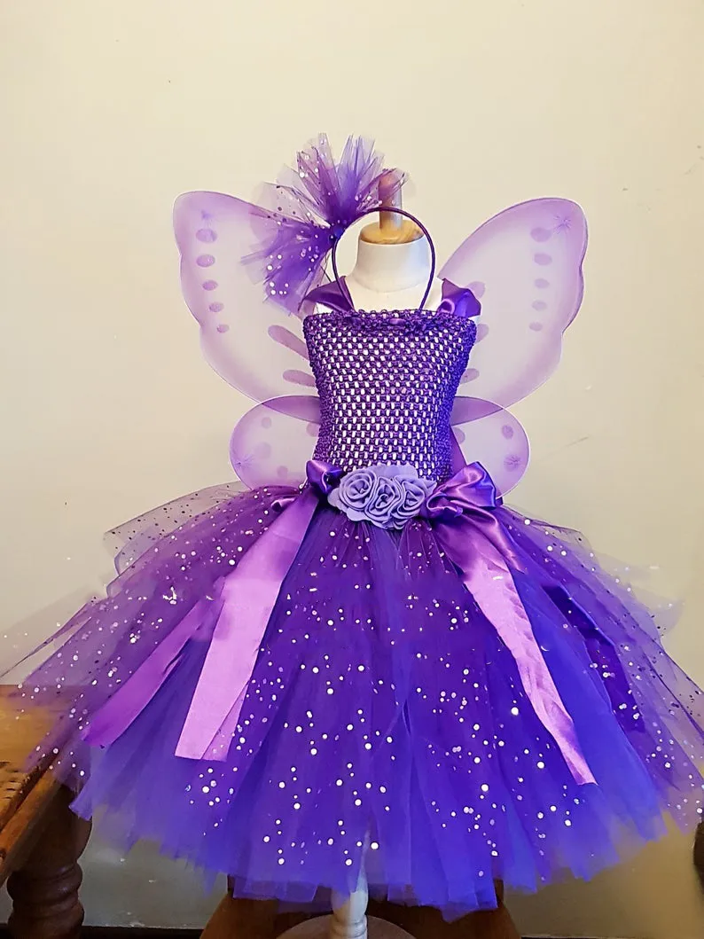 Filles Violet Papillon Fleur Tutu Robe Enfants Glitter Tulle Robe Robe De Bal avec Aile Enfants Fête D'anniversaire Costume Robes 220707