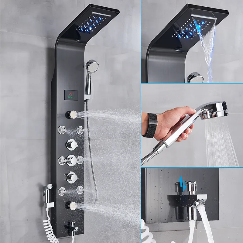 Monte a parete pannello doccia nero doccia colonna a led cascata rubinetto doccia set con spruzzatore bidet display a temperatura massaggio