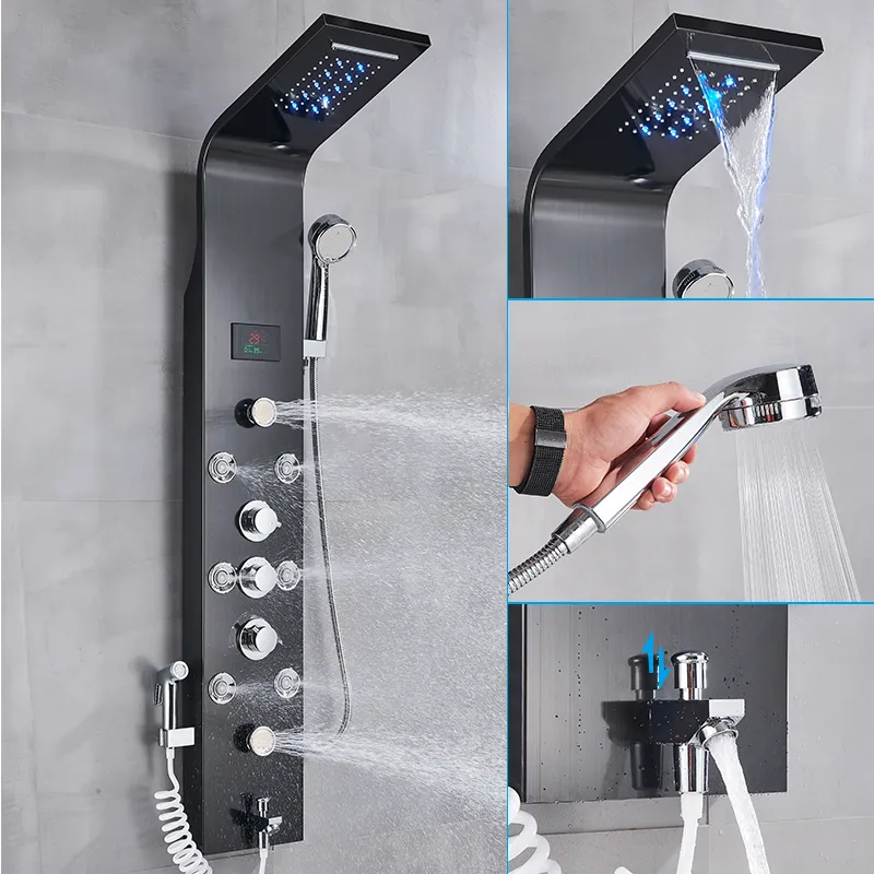 Wandmontage Schwarze Duschplatte Duschkolumne LED Wasserfall Duscharmaturen Set mit Bidet Sprühemassage -Temperaturanzeige
