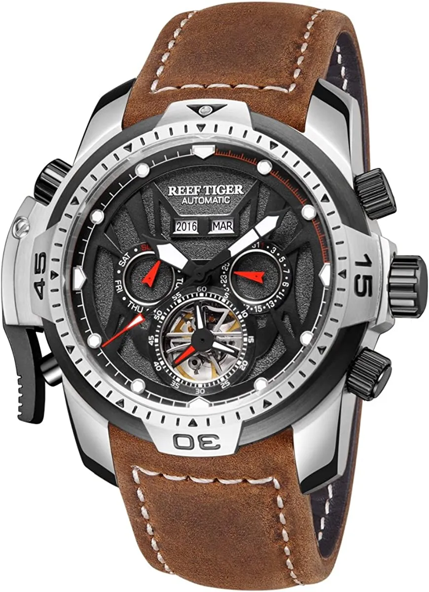 Reef Tiger Mens Sport Watches Stainless Steel Automatic Watch Military Watches Leather Strap