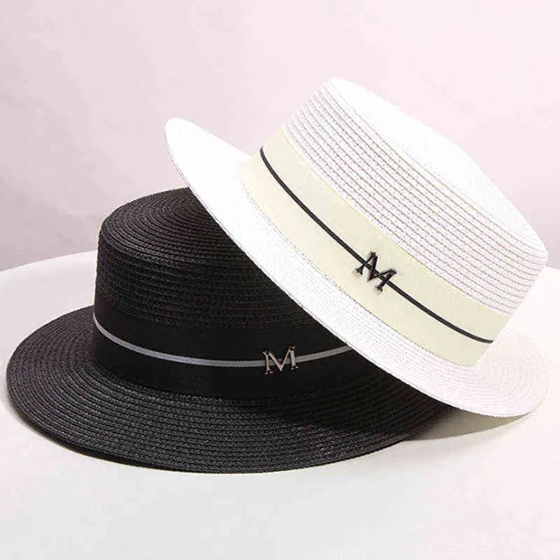 ビンテージレディースサンフェデラの帽子麦わら帽子調節可能なレトロゴールド編組帽子女性サンシェードフラットキャップm文字バイザー帽子G220301