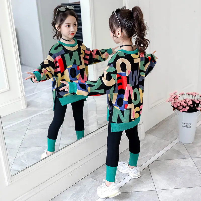 Kids Clothes Suit Girls Autumn Clothing Fashion Casual Big Children'S Letter Sweater+ Leggings Two-Piece Set 220507