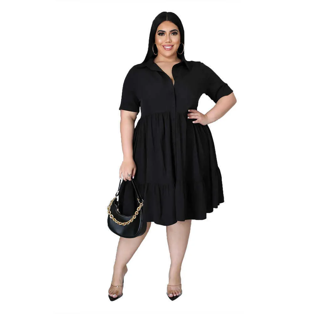 Mulher causa vestidos Plus Tamanho Solid Solid Roupas Grandes vestidos de camisa de manga curta de verão Vestido midi com colarinho de pólo L-5xl