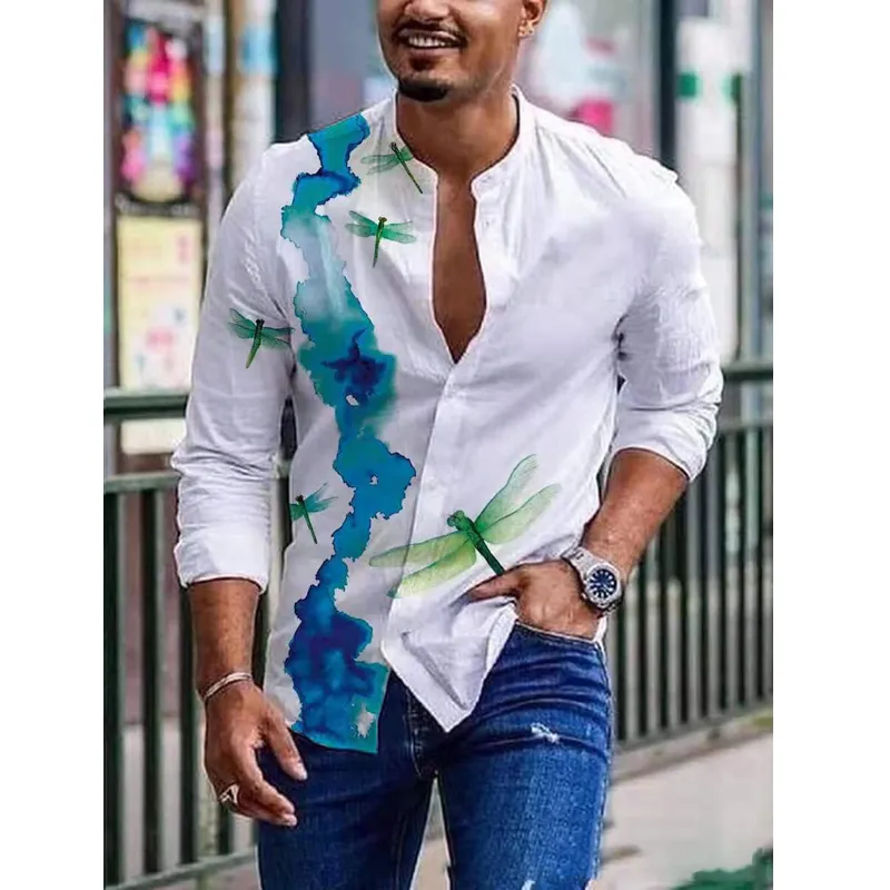 Men Shirts Spring Summer Vintage Printed Long-sleeved Thin Button Imitation Linen Loose Shirt For Large Size Casual Clothes 220323