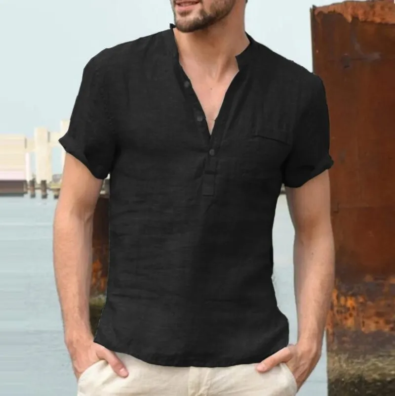 Homme à manches courtes lin bouton t-shirt col en v mode été solide décontracté coton lin t-shirts Blouse t-shirts hommes vêtements 220615