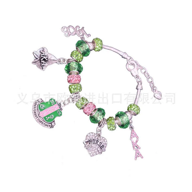Alias ​​Pink Green Gold Charms Armband Alpha Kap Alpha Sorority Gold Jewelry Beads Armband Bangle2889129