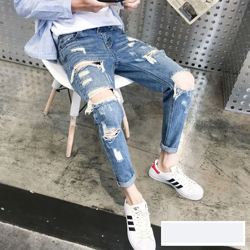 Hong Kong Stil Herren Denim Jeans Herbst Student Lose Koreanischen Stil Trend Loch Knöchel Länge Hosen All-match Teen bleistift Hosen