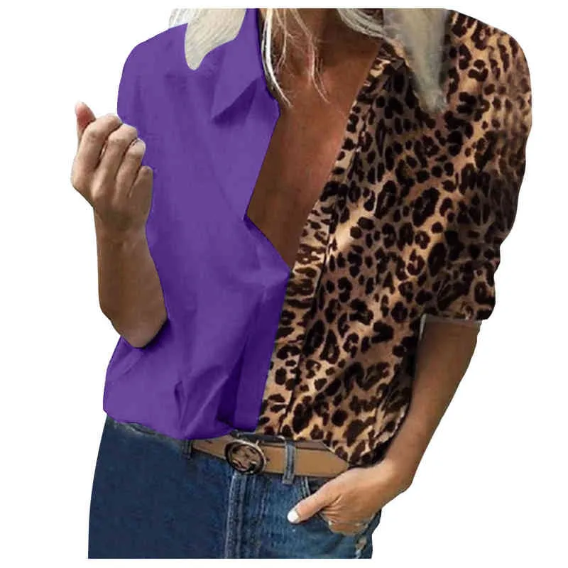 Mulheres de manga longa colarinho virado de colarinho casual elegante tunz blusas fêmeas estampas de leopardo feminino blusas camisas L220705